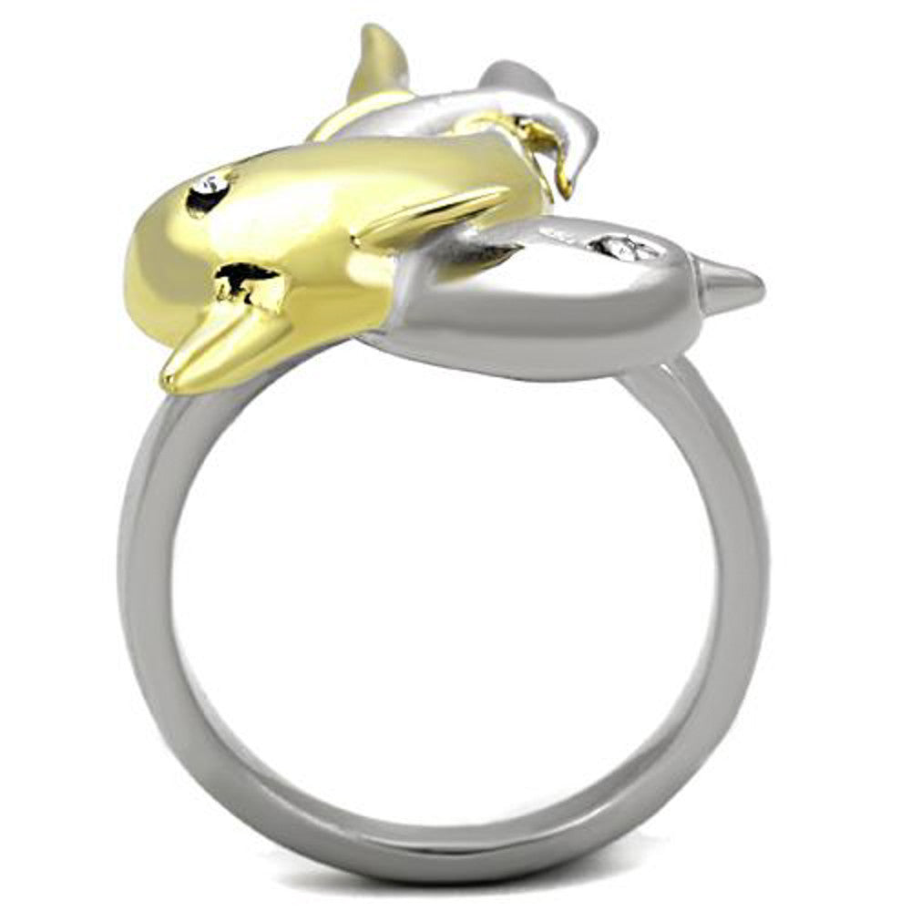 ARTK1698 Stainless Steel 316L Two Toned Dolphin Crystal Fashion Ring Women's Size 5-10