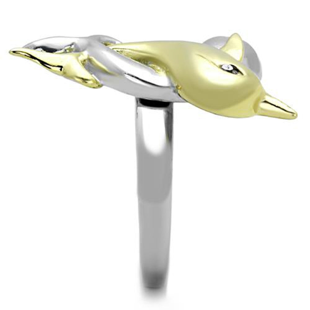 ARTK1698 Stainless Steel 316L Two Toned Dolphin Crystal Fashion Ring Women's Size 5-10