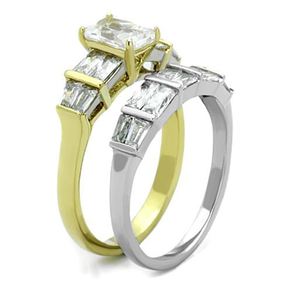 ARTK1708 Two Toned IP 3.76 Ct Emerald Cut CZ Wedding Engagement Ring Set Women's Sz 5-10