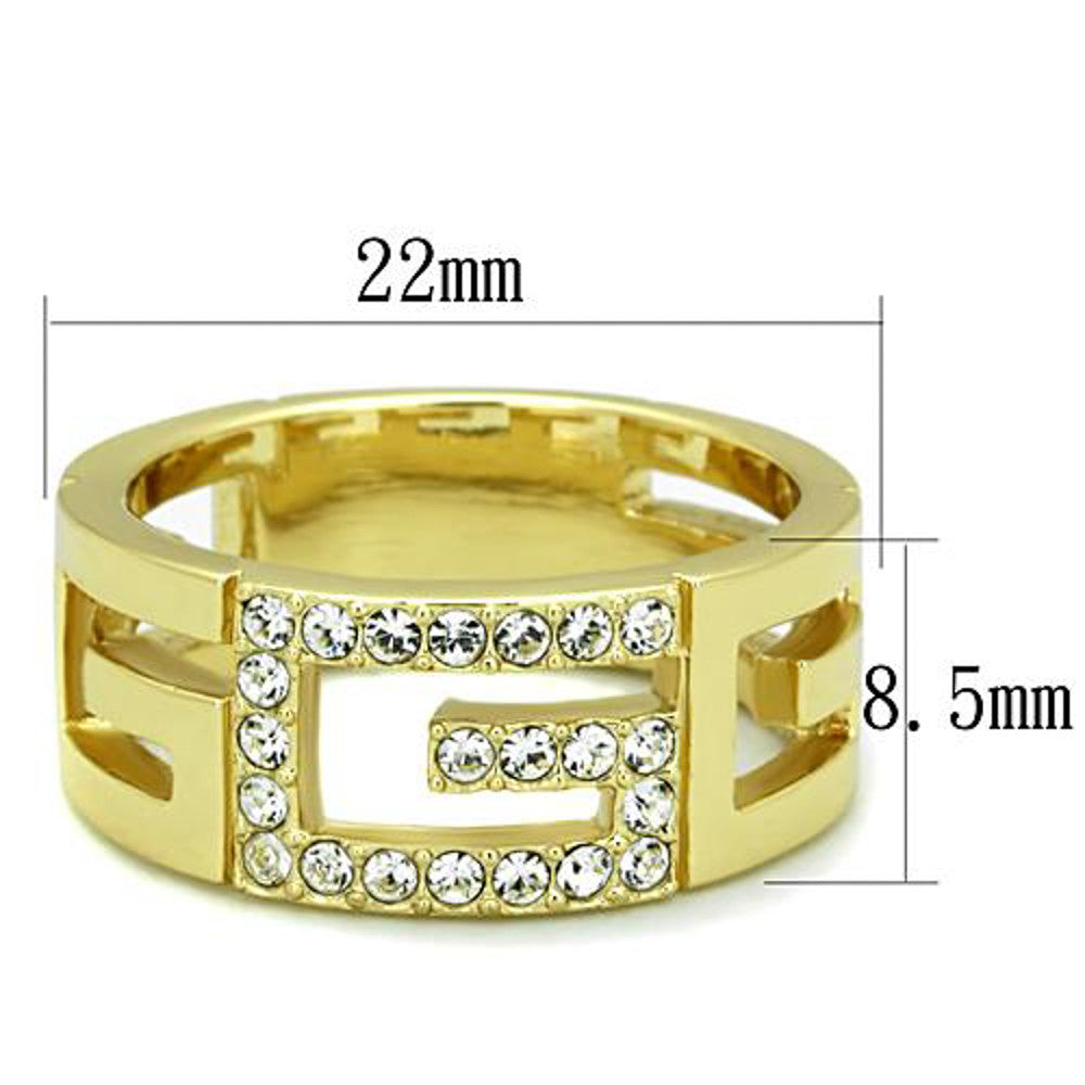 ARTK1712 Stainless Steel 14k Gold Ion Plated Letter G Crystal Fashion Ring Size 510