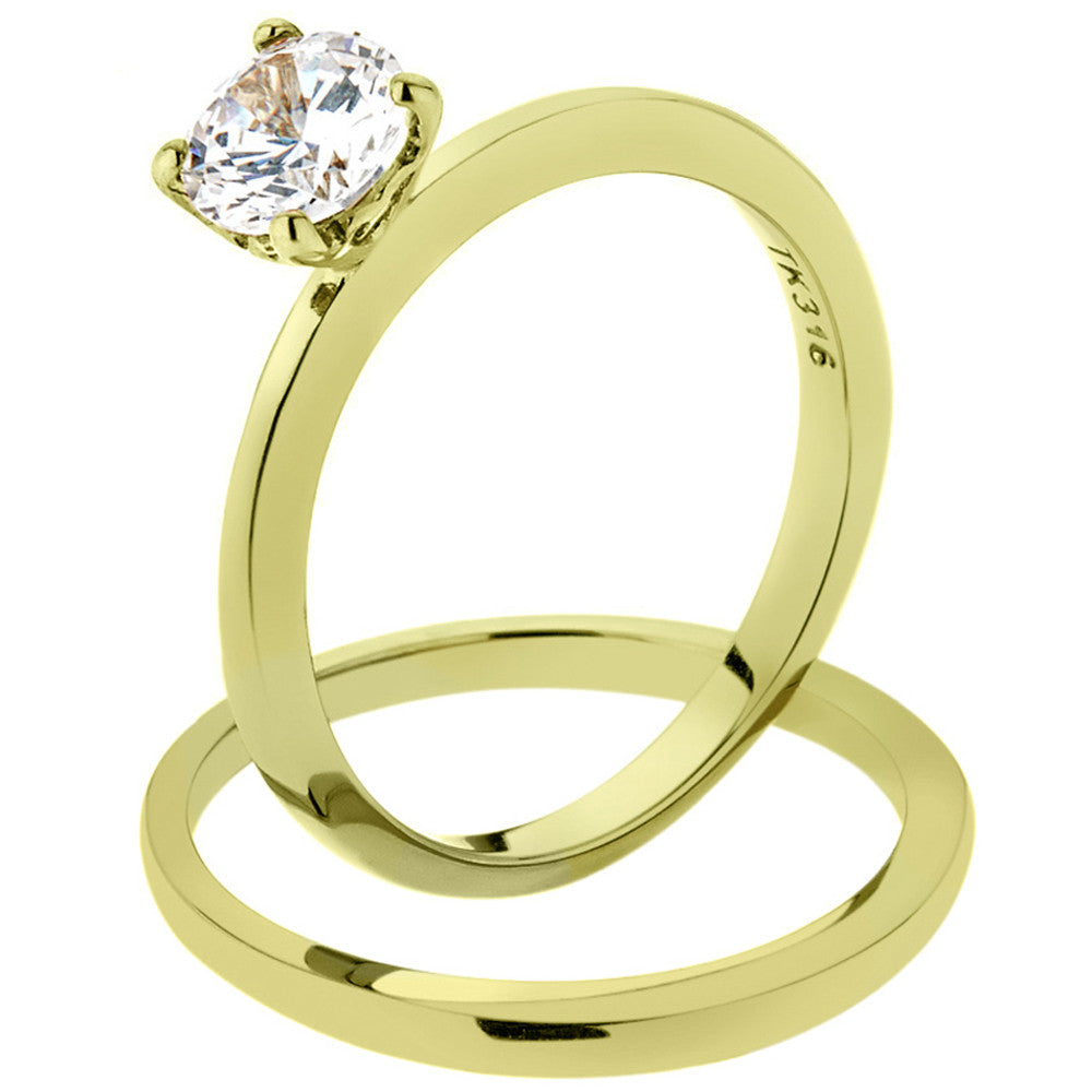 14K GOLD ION PLATED STAINLESS STEEL 316L CLASSIC WEDDING RING SET .85 CT ROUND CUT CZ WOMEN'S SIZE 5-10