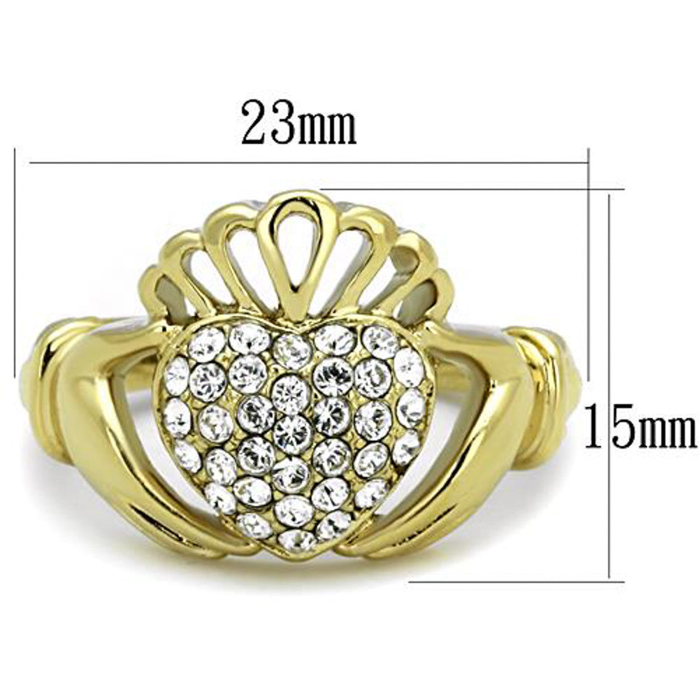 ARTK1724 Stainless Steel 1.02 Ct Crystal 14K Gold Plated Irish Claddagh Ring Women Sz 5-10