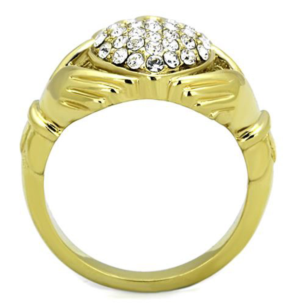 ARTK1724 Stainless Steel 1.02 Ct Crystal 14K Gold Plated Irish Claddagh Ring Women Sz 5-10