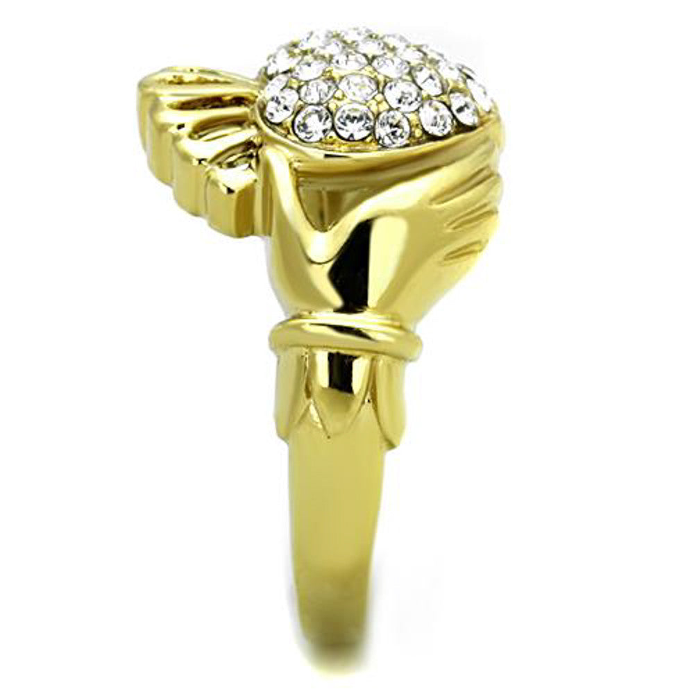 ARTK1724 Stainless Steel 1.02 Ct Crystal 14K Gold Plated Irish Claddagh Ring Women Sz 5-10