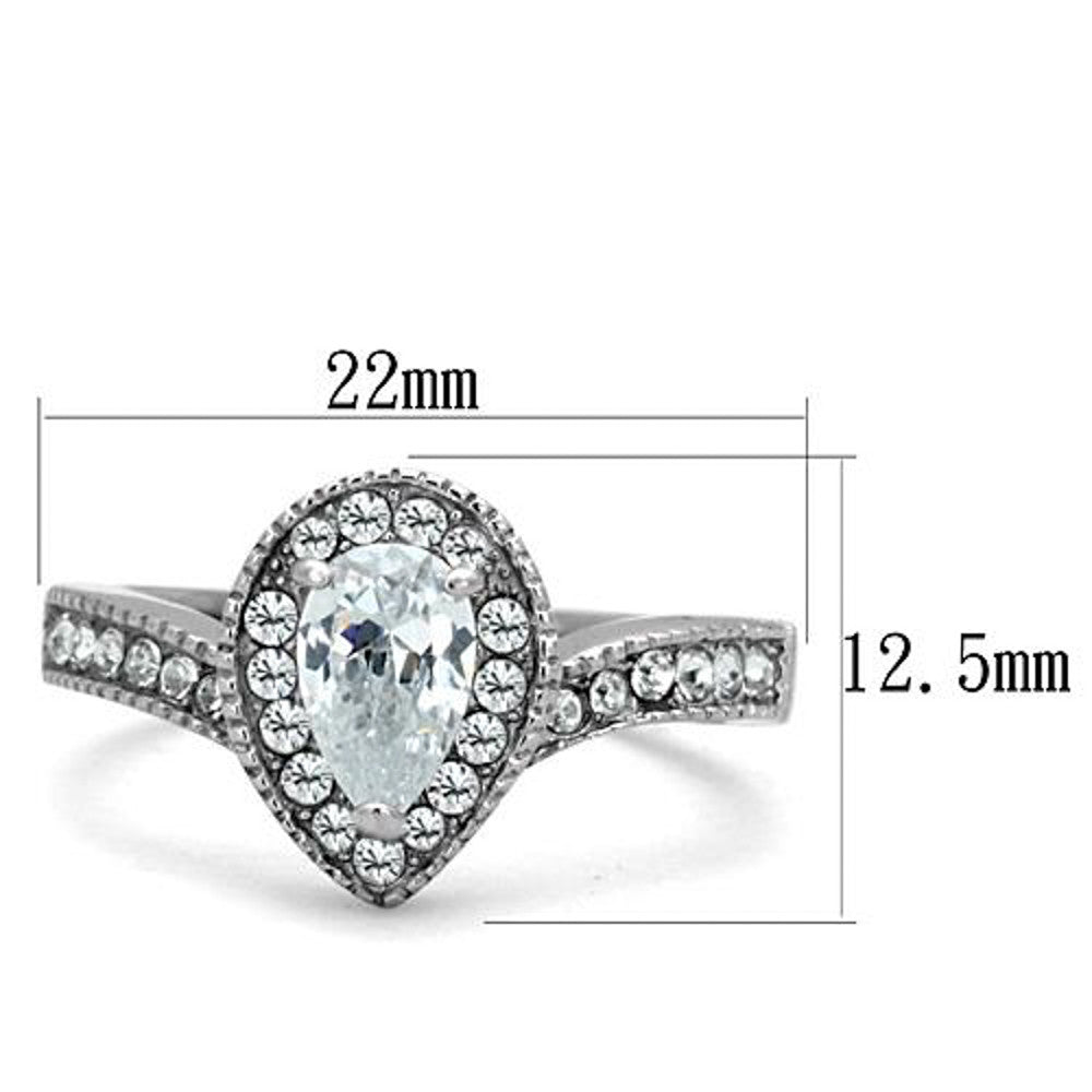 ARTK1759 High Polished Stainless Steel 1.08 Ct Pear Cut CZ Halo Engagement Ring Size 5-10