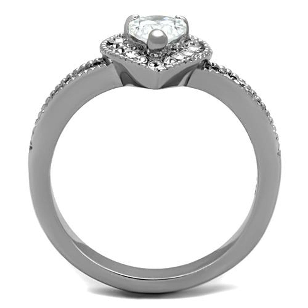 ARTK1759 High Polished Stainless Steel 1.08 Ct Pear Cut CZ Halo Engagement Ring Size 5-10