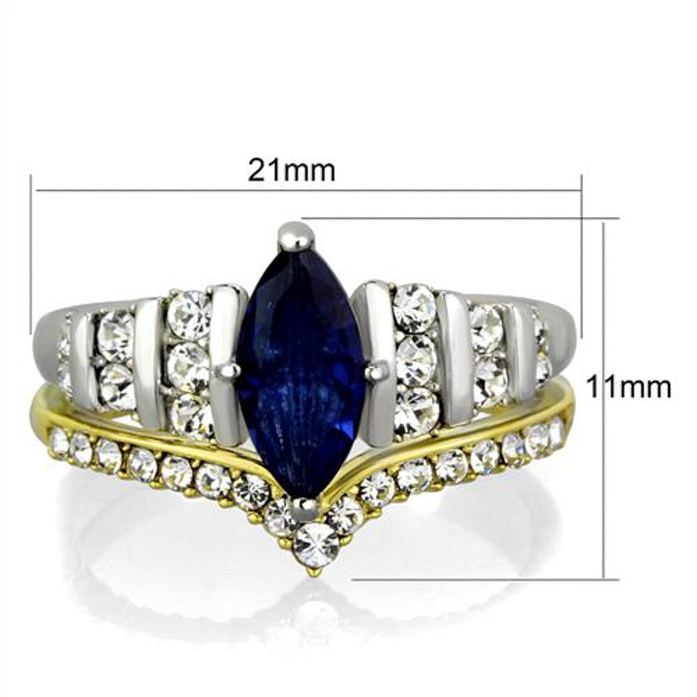 ARTK1796 Stainless Steel 316 Two Toned Blue Marquise Glass 2pc Wedding Ring Set Size 5-10