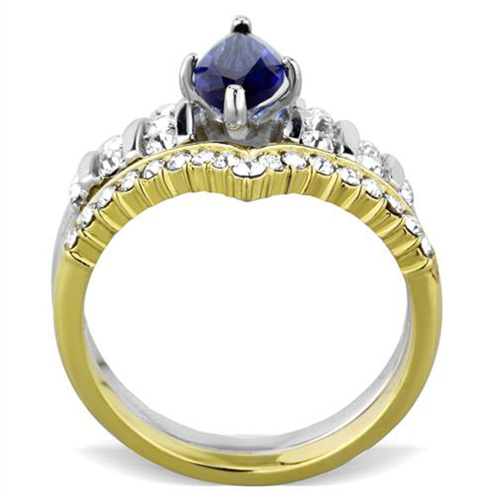 ARTK1796 Stainless Steel 316 Two Toned Blue Marquise Glass 2pc Wedding Ring Set Size 5-10