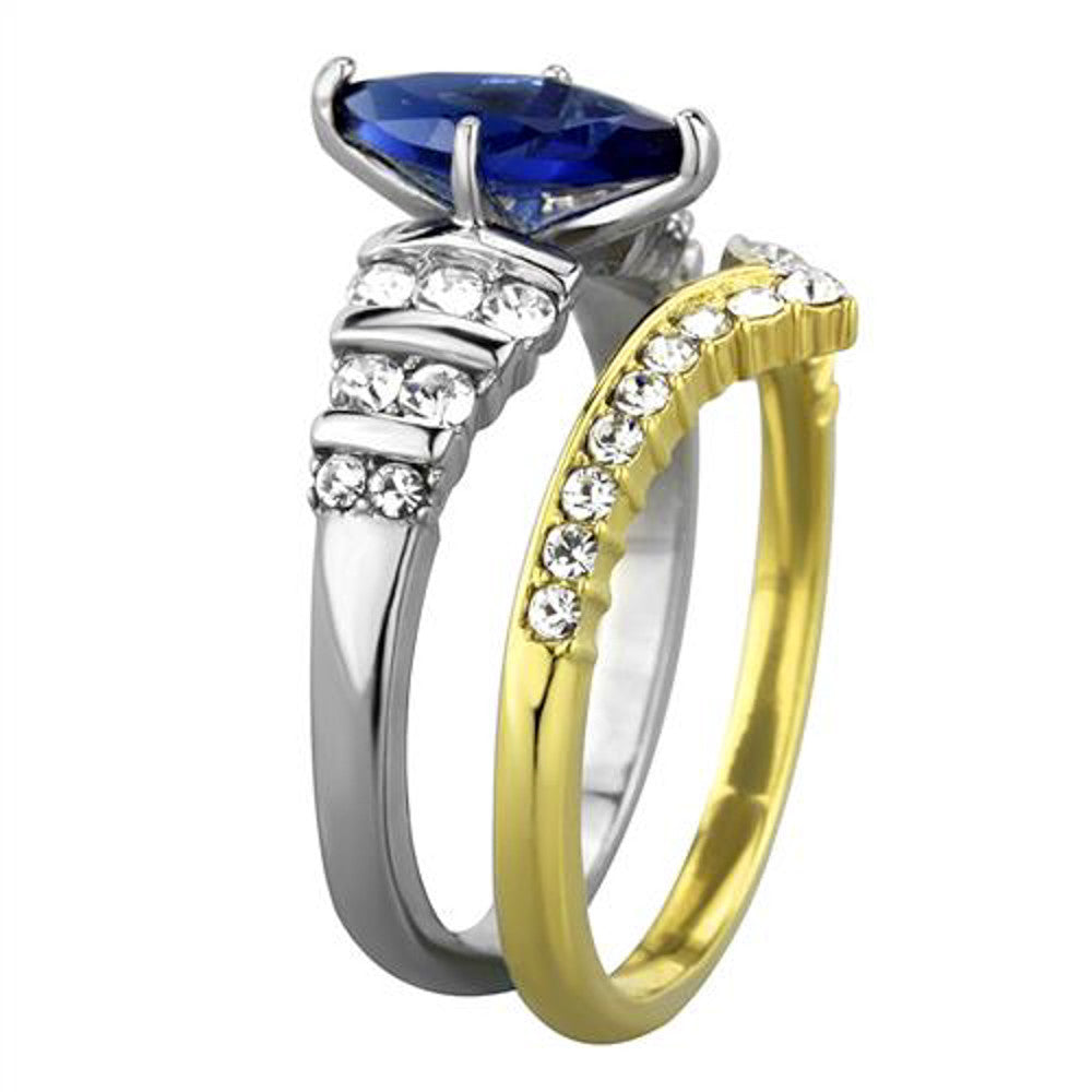 ARTK1796 Stainless Steel 316 Two Toned Blue Marquise Glass 2pc Wedding Ring Set Size 5-10