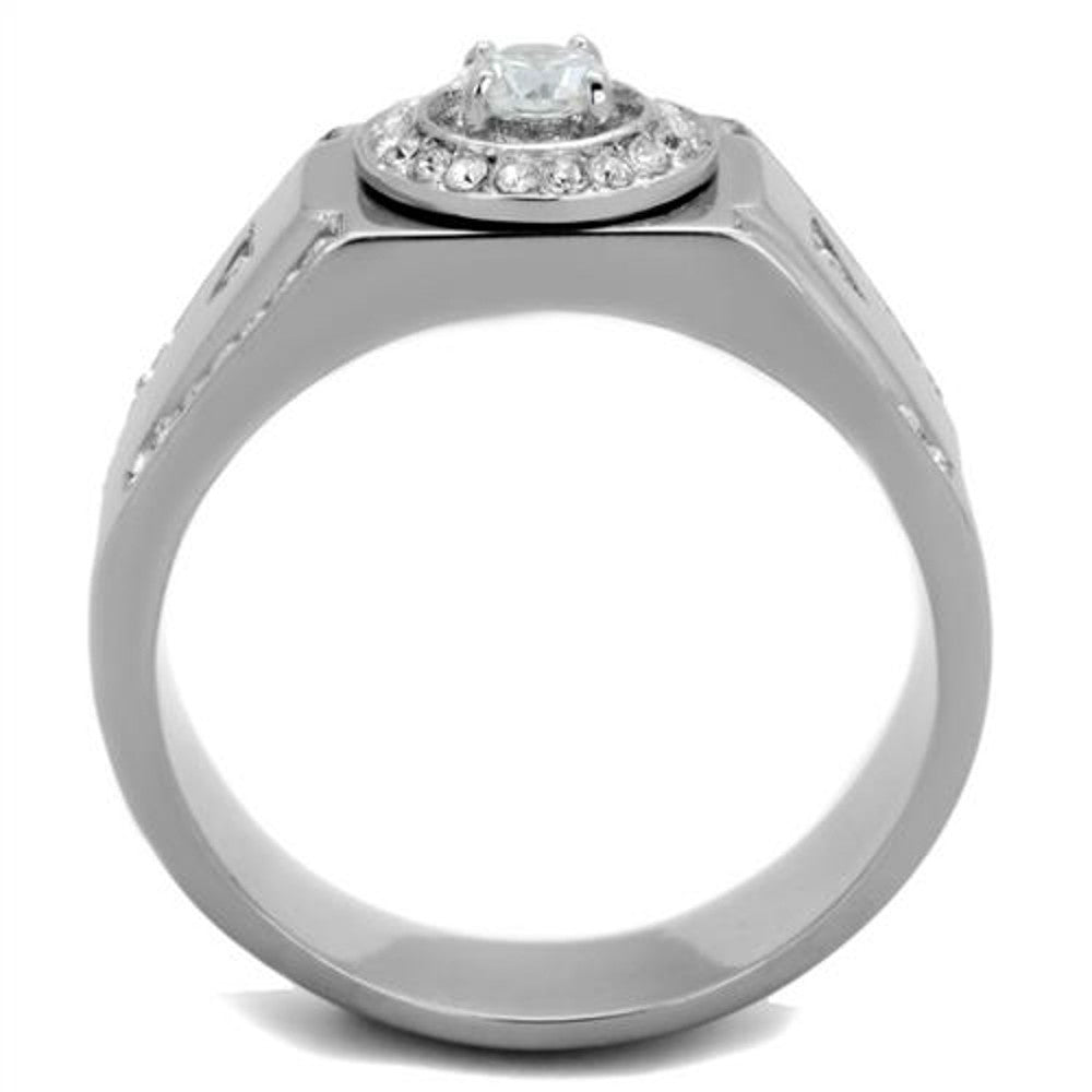 ARTK1819 Stainless Steel Men's 1/2 Ct Round Cut Simulated Diamond Silver Stainless Steel Ring Size 8-13