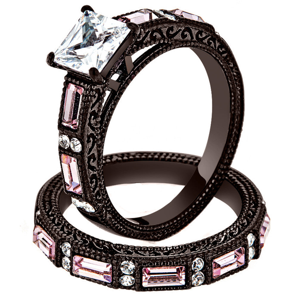 Brown Stainless Steel Antique Design CZ Multi-Stone 2pc Wedding Ring Set Sz 5-10