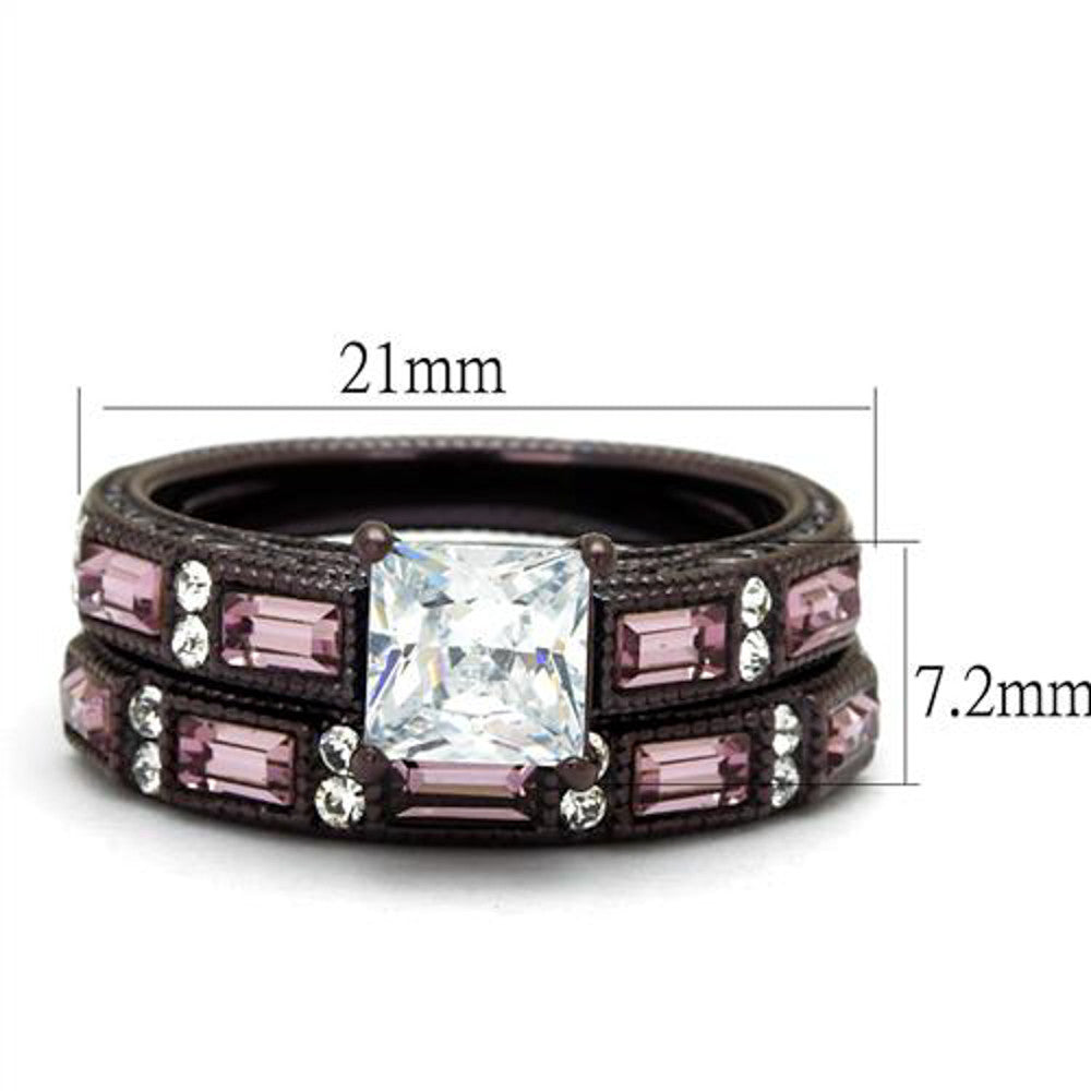 ARTK1829DC Brown Stainless Steel Antique Design CZ Multi-Stone 2pc Wedding Ring Set Sz 5-10