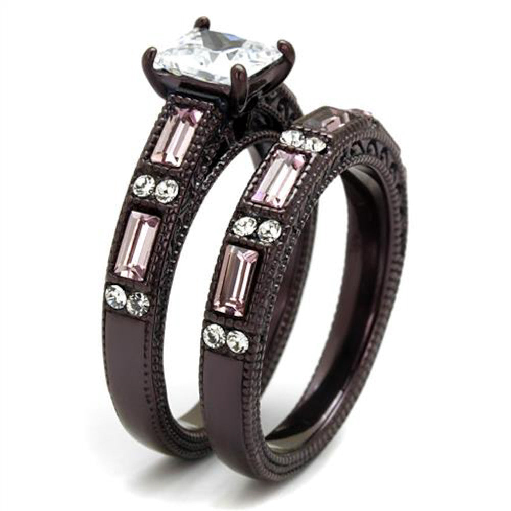 ARTK1829DC Brown Stainless Steel Antique Design CZ Multi-Stone 2pc Wedding Ring Set Sz 5-10