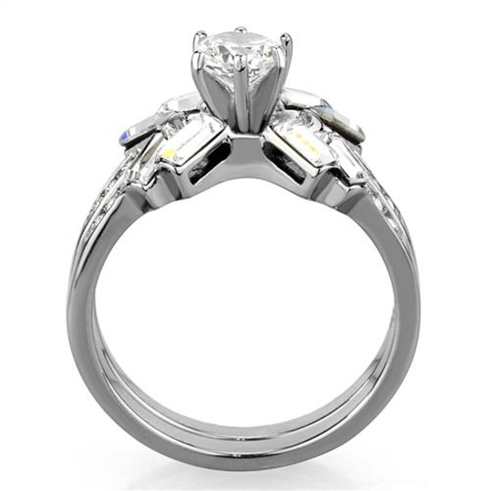 ARTK1856 Stainless Steel 1.65 Ct Round & Baguette Cut Cz Wedding Ring Set Women's Size 5-10