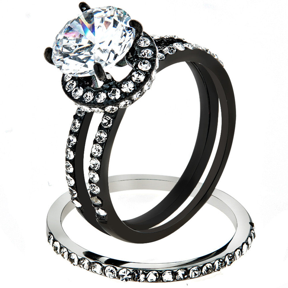 3.45 CT Halo Round Cut CZ Black Stainless Steel Wedding Ring Set Women's Size 5-10