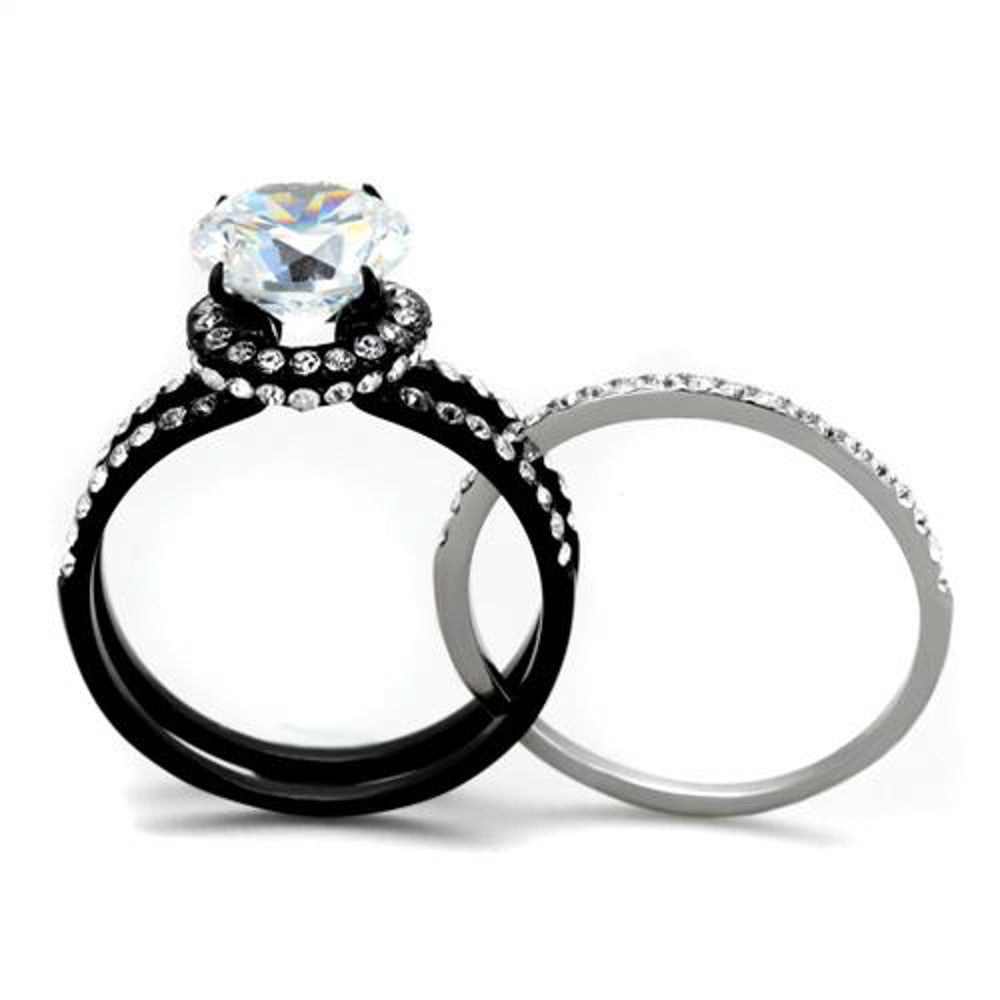 ARTK1870 Stainless Steel 3.45 Ct Halo Round Cut CZ Black Wedding Ring Set Women's Size 5-10