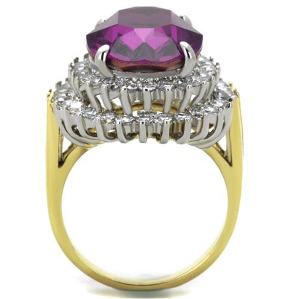 ARTK1892 Stainless Steel 316, 14.5 Ct Oval Amethyst Crystal Two Toned Cocktail Ring Sz 5-10