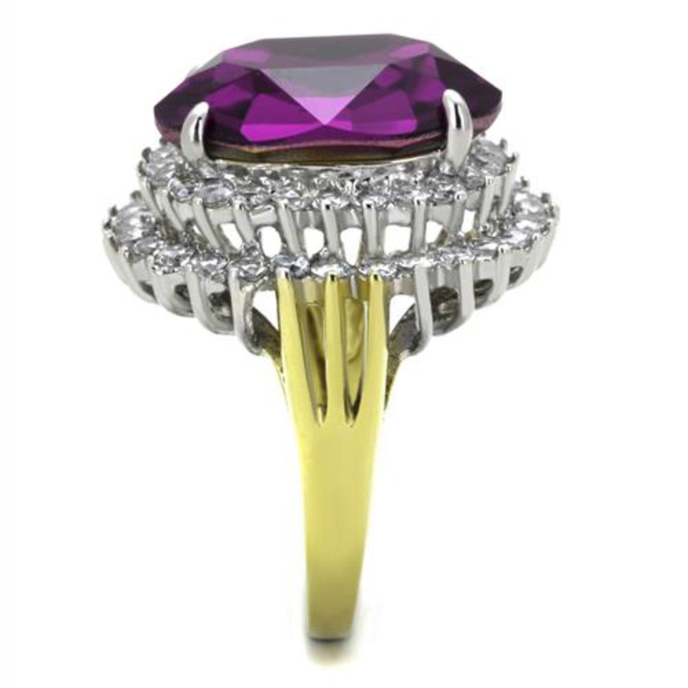 ARTK1892 Stainless Steel 316, 14.5 Ct Oval Amethyst Crystal Two Toned Cocktail Ring Sz 5-10