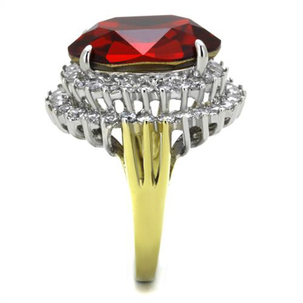 ARTK1893 Stainless Steel 316, 14.5 Ct Siam Red Oval Crystal Two Toned Cocktail Ring Sz 5-10