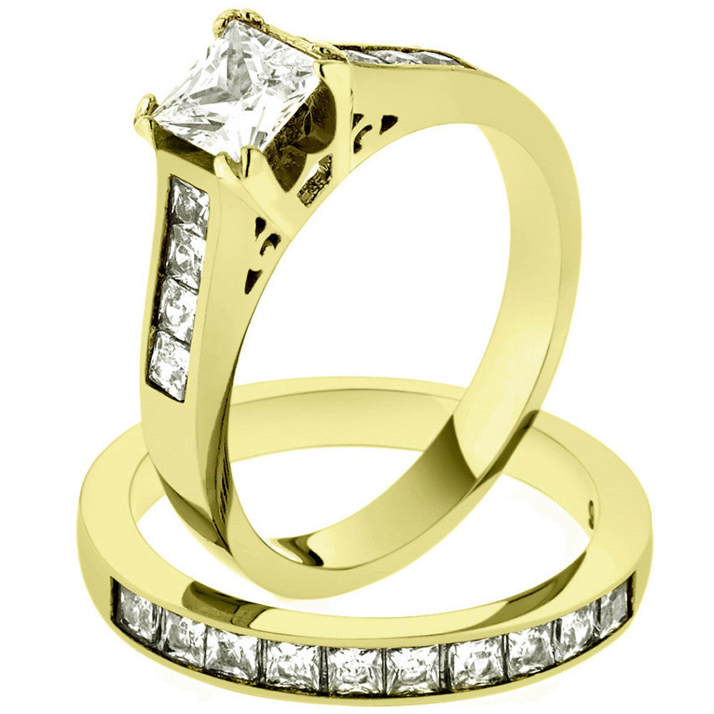 2.50 CT PRINCESS CUT ZIRCONIA 14K GOLD PLATED STAINLESS STEEL WEDDING RING SET