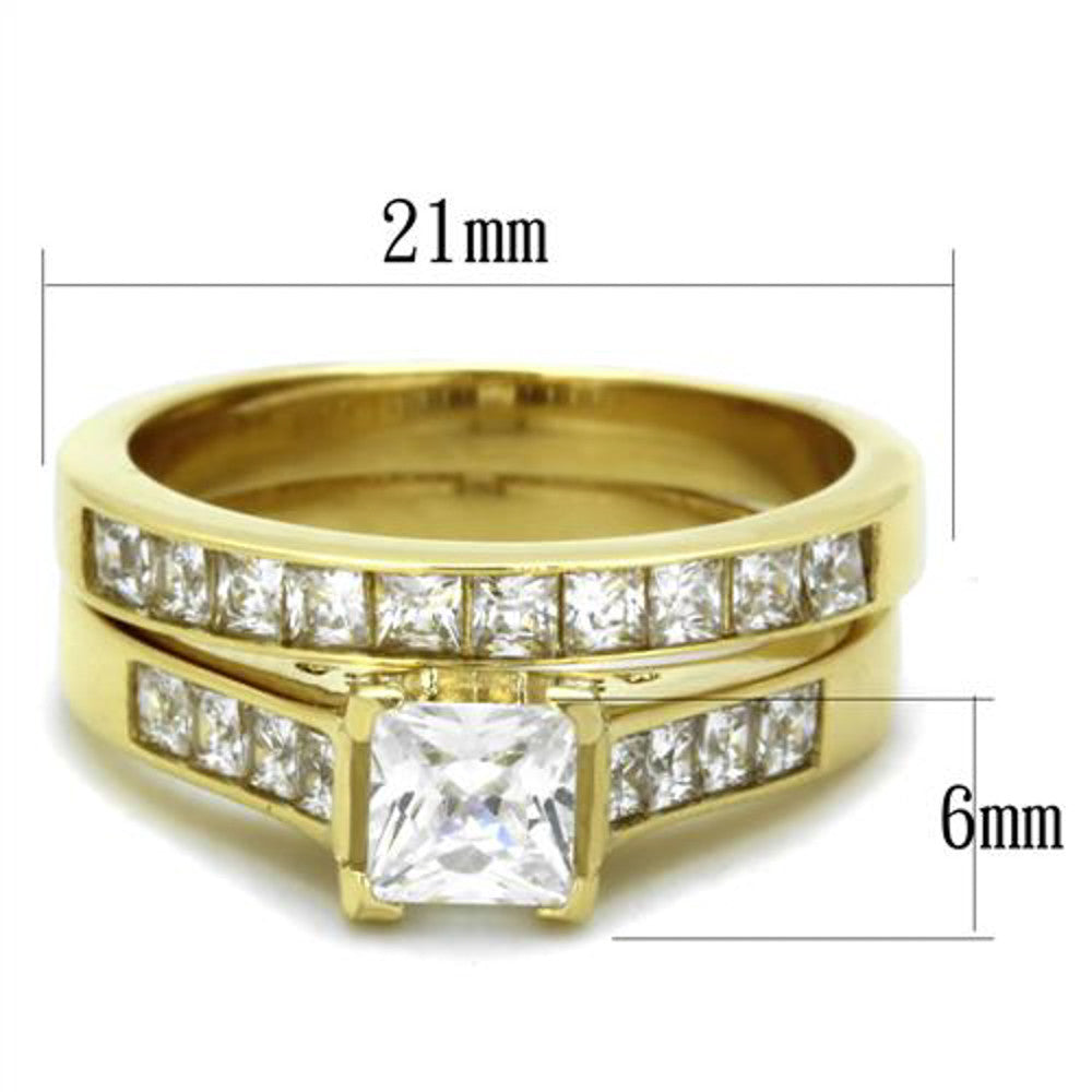 ARTK1895 Stainless Steel 2.50 Ct Princess Cut Zirconia 14k Gold Plated Wedding Ring Set