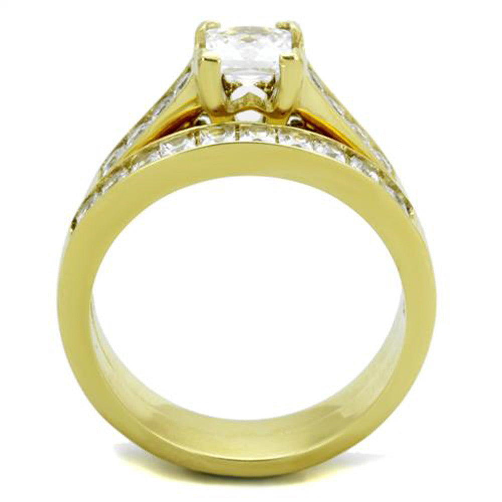 ARTK1895 Stainless Steel 2.50 Ct Princess Cut Zirconia 14k Gold Plated Wedding Ring Set