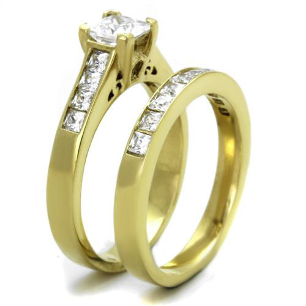 ARTK1895 Stainless Steel 2.50 Ct Princess Cut Zirconia 14k Gold Plated Wedding Ring Set