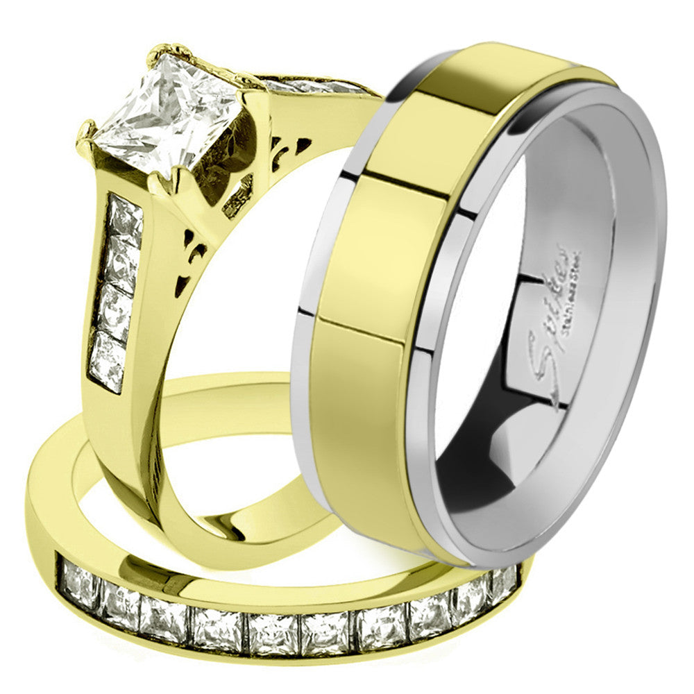 His & Her 14K G.P. Stainless Steel 2.50 Ct Bridal Ring Set & Men's Spinner Band