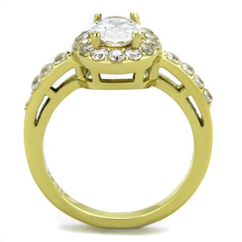 ARTK1901 Stainless Steel 1.87 Ct Oval CZ Gold Ion Plated Halo Engagement Ring Size 5-10