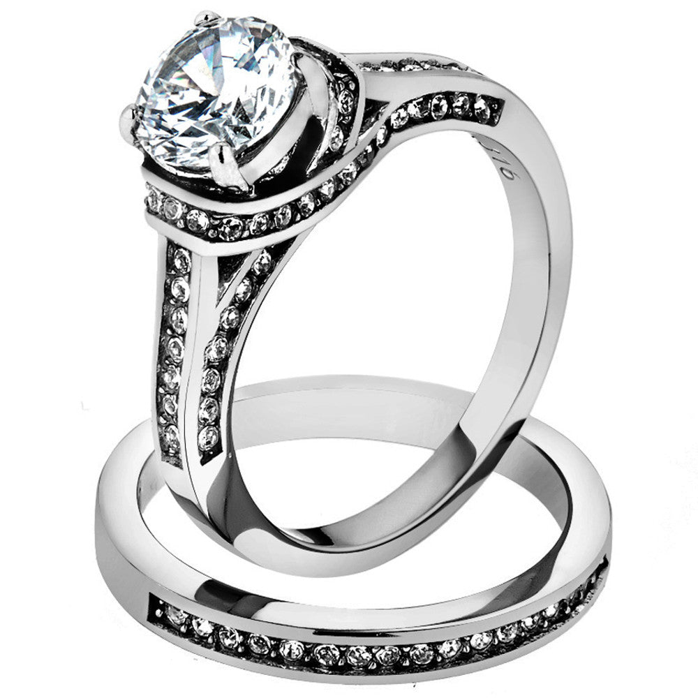 2.75 CT Round Cut AAA CZ Stainless Steel Wedding Ring Band Set Women's Size 5-10