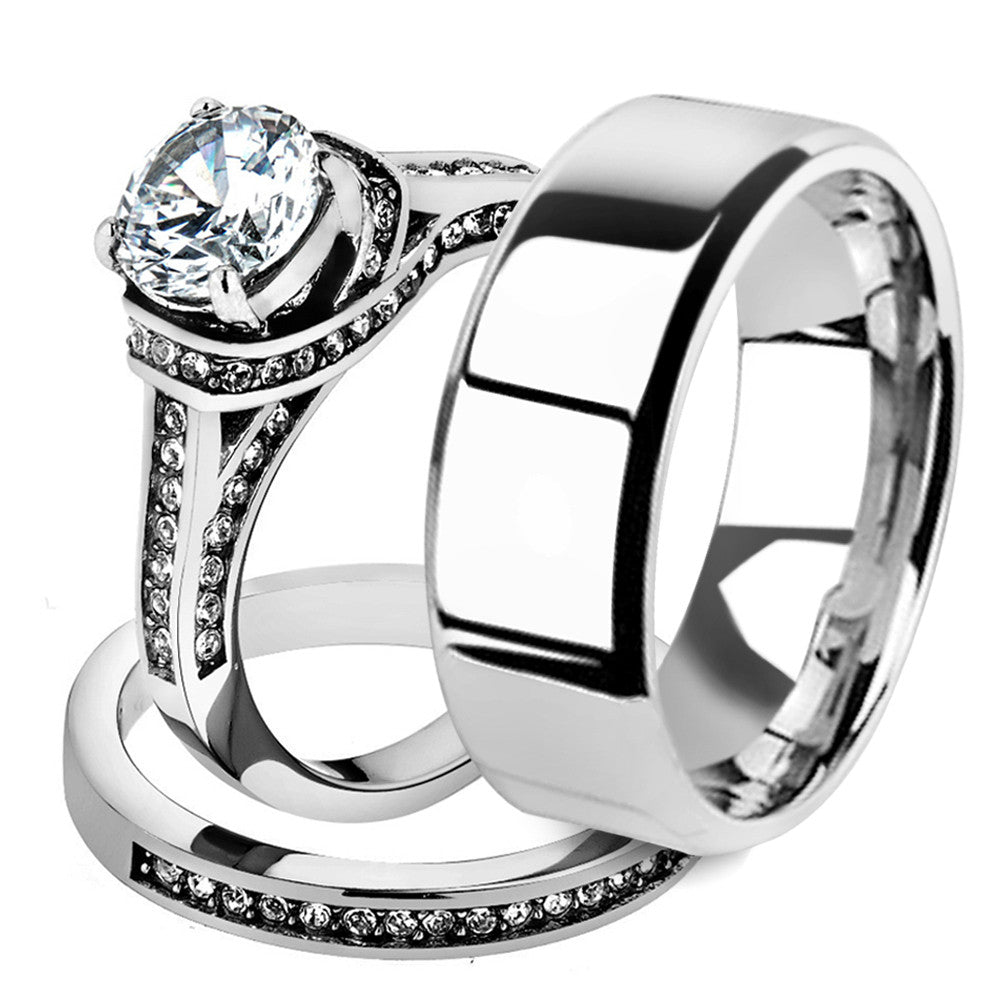 His & Her 3pc Stainless Steel 2.75 Ct Cz Bridal Ring Set & Men Beveled Edge Band