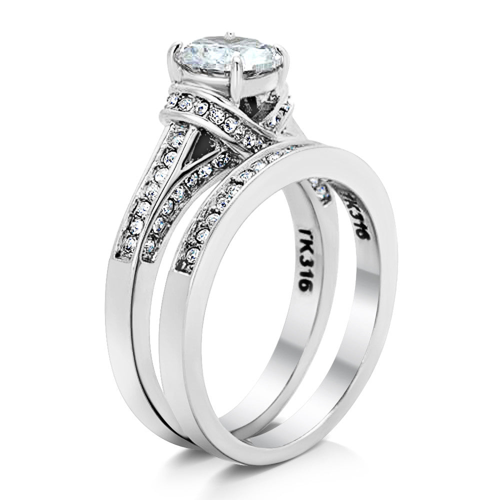 ST1919-ARCJSS485 His & Hers Stainless Steel 3 Piece Cz Wedding Ring Set and Eternity Wedding Band