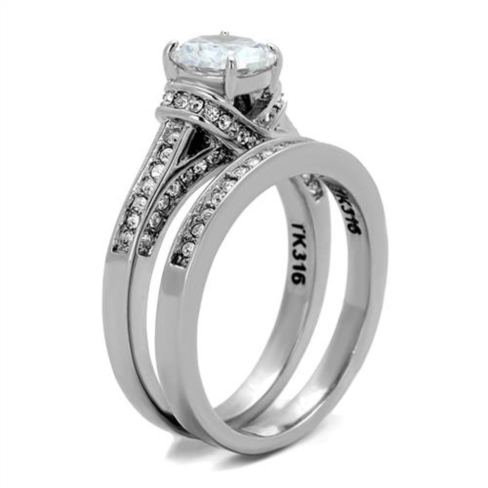 ST1919-ARTI4317 His & Her Stainless Steel 2.75 Ct Cz Bridal Set & Men's Titanium Wedding Band