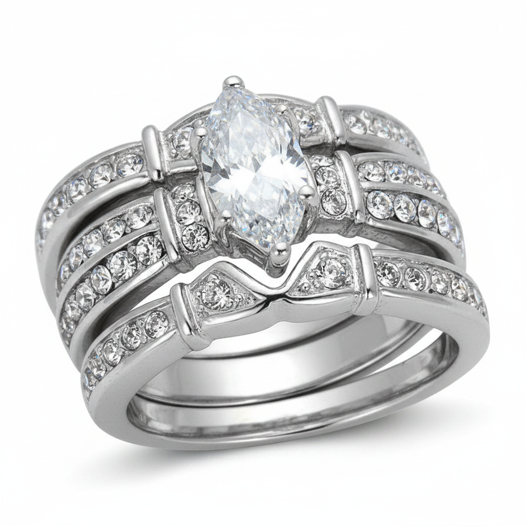 2.50 Ct Marquise Cut CZ Black Stainless Steel Wedding Ring Set Women's Size 5-10