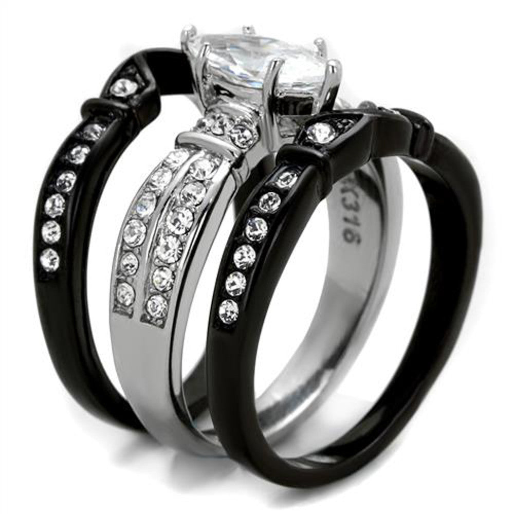 ST1922-ARTI4317 Her & His 4pc Black Stainless Steel & Titanium Wedding Engagement Ring Band Set