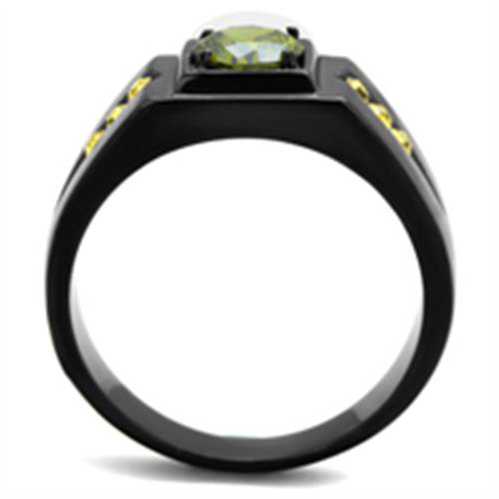 ARTK1928 Men's Stainless Steel Black Ion Plated 1 Ct Olivine Green Simulated Diamond Ring