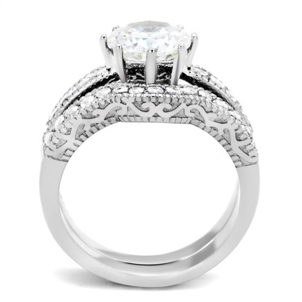 ST1W007-ARTI4317 His & Her 3pc Stainless Steel Vintage Bridal Ring Set & Titanium Wedding Band