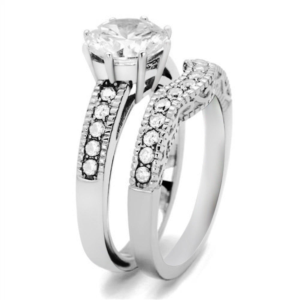 ST1W007-ARTI4317 His & Her 3pc Stainless Steel Vintage Bridal Ring Set & Titanium Wedding Band