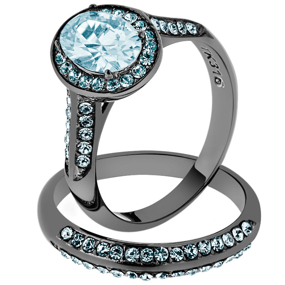 2.65 Ct Sea Blue Cz Halo Gray Stainless Steel Wedding Ring Set Women's Size 5-10