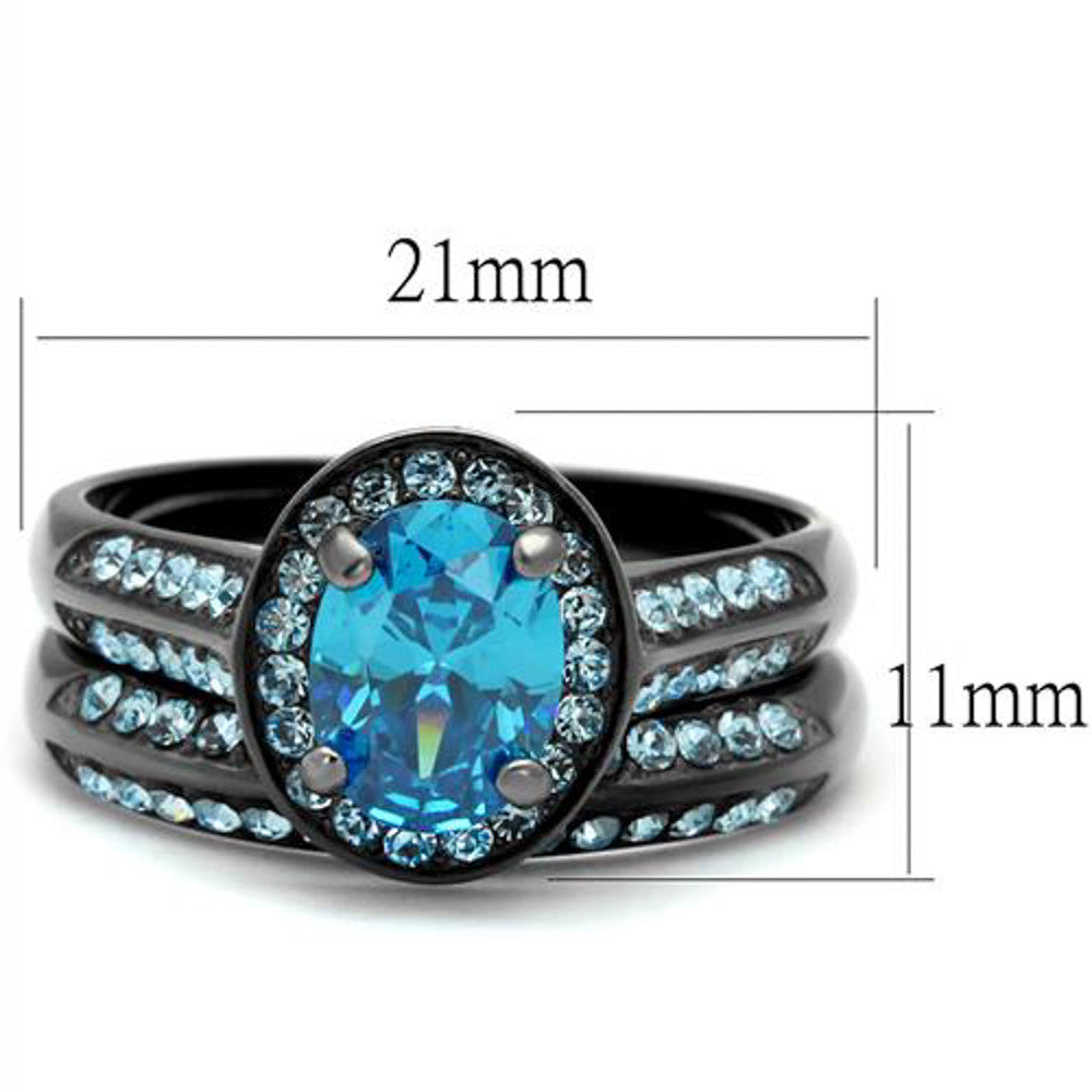 ARTK1W163LJ Gray Stainless Steel 2.65 Ct Sea Blue Cz Halo Wedding Ring Set Women's Size 5-10