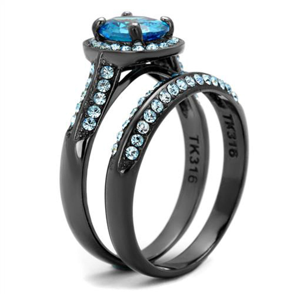 ARTK1W163LJ Gray Stainless Steel 2.65 Ct Sea Blue Cz Halo Wedding Ring Set Women's Size 5-10