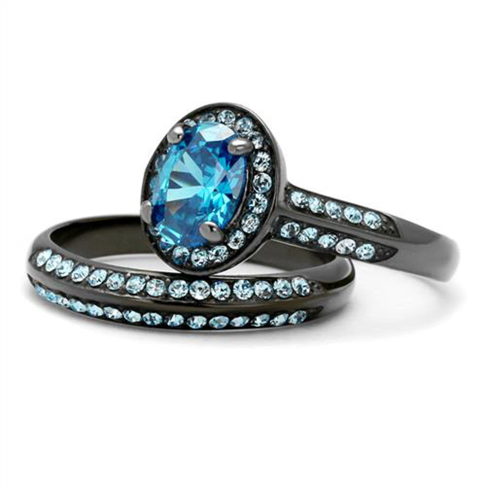 ARTK1W163LJ Gray Stainless Steel 2.65 Ct Sea Blue Cz Halo Wedding Ring Set Women's Size 5-10