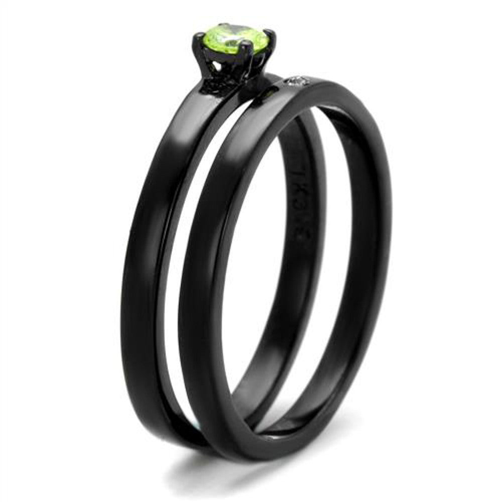 ARTK2015 Stainless Steel Black Ion Plated Apple Green Cz Wedding Ring Set Women's Sz 5-10