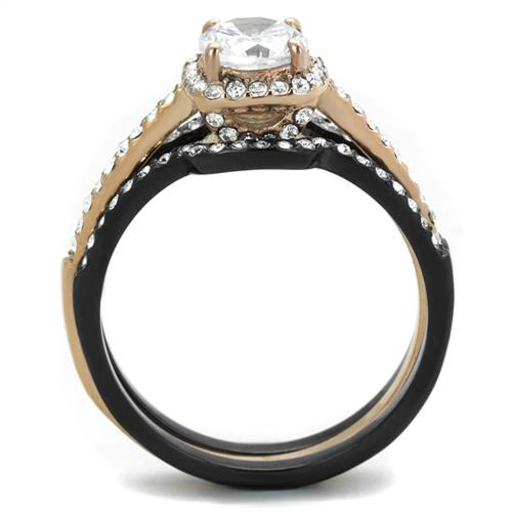 ST2020-ARTM32128 Hers & His 3 PC Rose Gold Stainless Steel Wedding Ring Set & Black Titanium Band