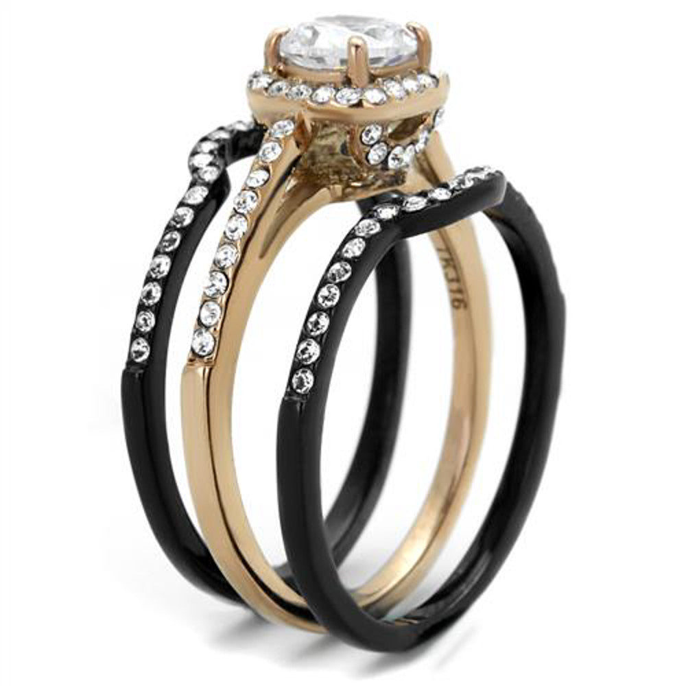 ST2020-ARTM32128 Hers & His 3 PC Rose Gold Stainless Steel Wedding Ring Set & Black Titanium Band