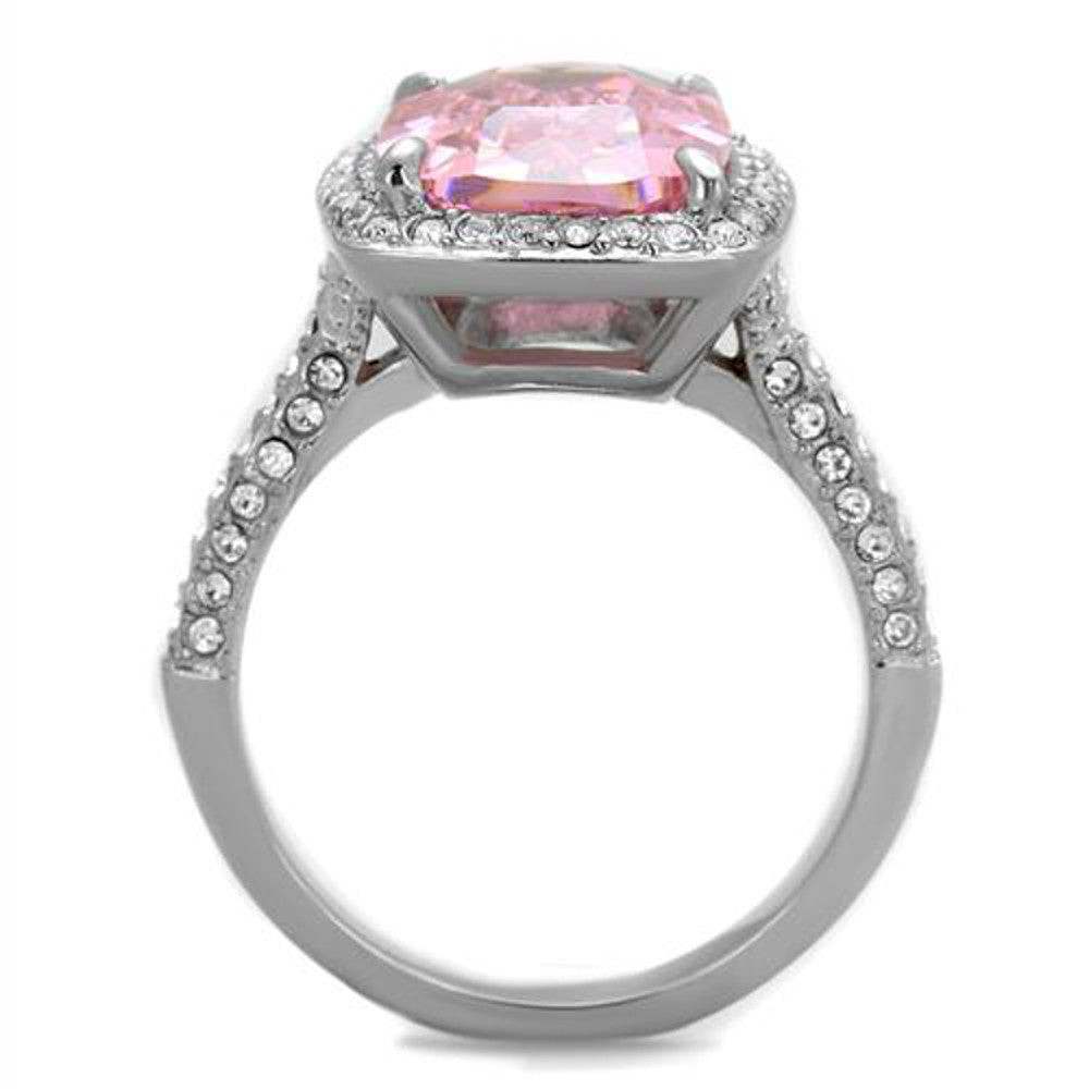 ARTK2027 Stainless Steel 6.38 Ct Emerald Cut Rose Zirconia Halo Engagement Ring Size 5-10