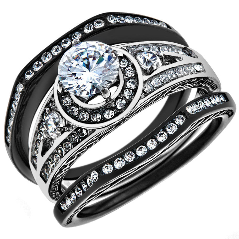 2.15 CT Halo Round Zirconia Black Stainless Steel Wedding Ring Set Womens Size 5-10