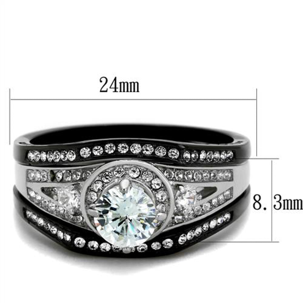 ARTK2044 Stainless Steel 2.15 Ct Halo Round Zirconia Black Stainless Steel Wedding Ring Set Size 5-10