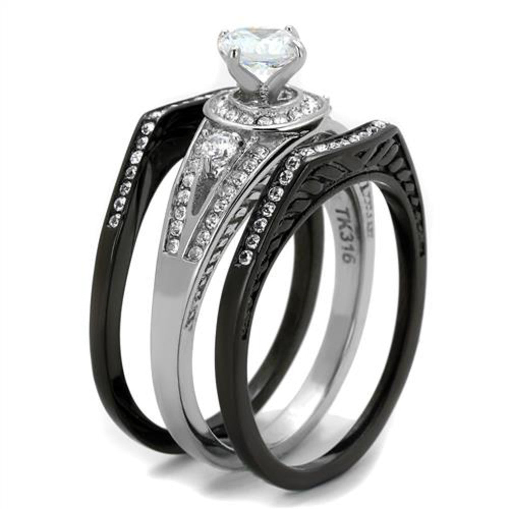 ST2044-ARTI4317 His & Her 4pc Black & Silver Stainless Steel & Titanium Wedding Ring Band Set