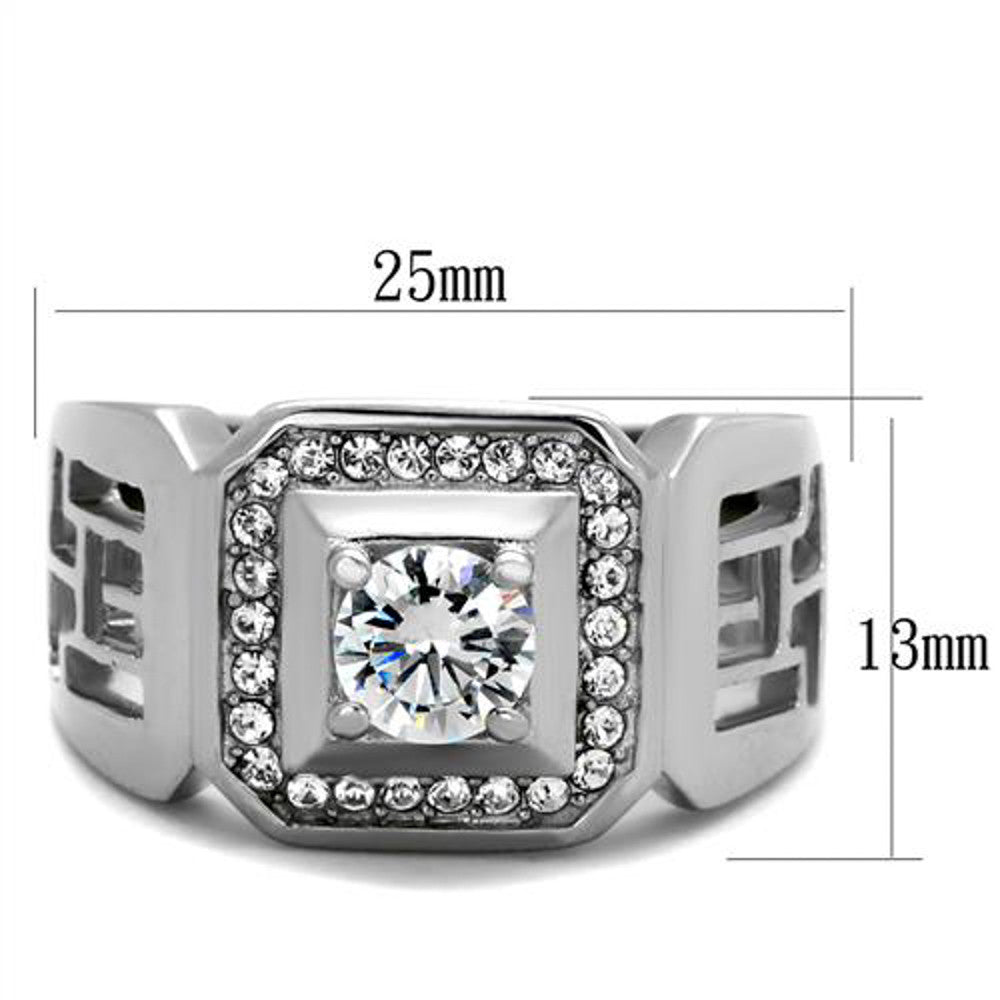 ARTK2046 Stainless Steel Men's 1.10 Ct Round Cut Simulated Diamond Silver Stainless Steel Ring Sizes 8-13